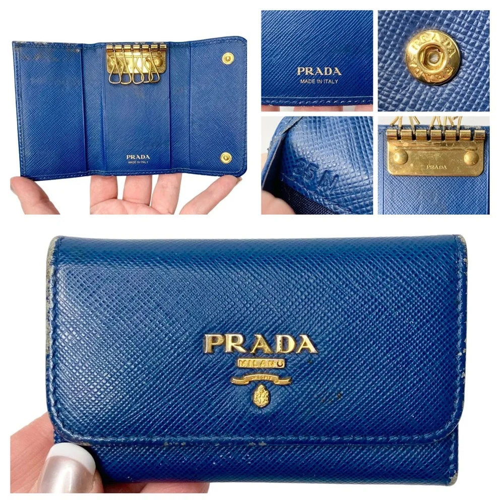 Authentic PRADA Cobalt Royal Ocean Blue Saffiano Leather & Gold Key Card Holder